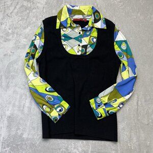 Retro 70s style top with sweater vest, psychedelic colors, stretchy